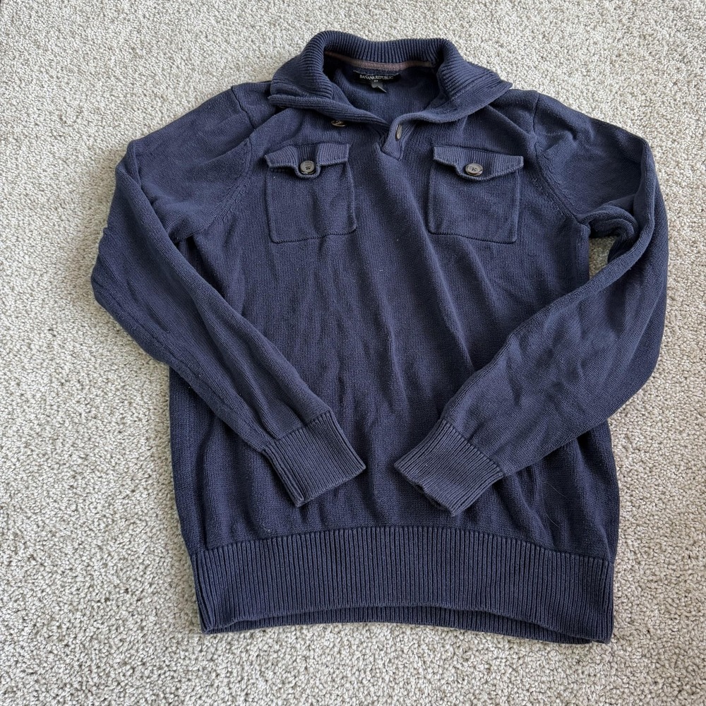 Banana Republic Sweater Mens Small Blue Tight Knit 1/4 Zip Collared Pullover